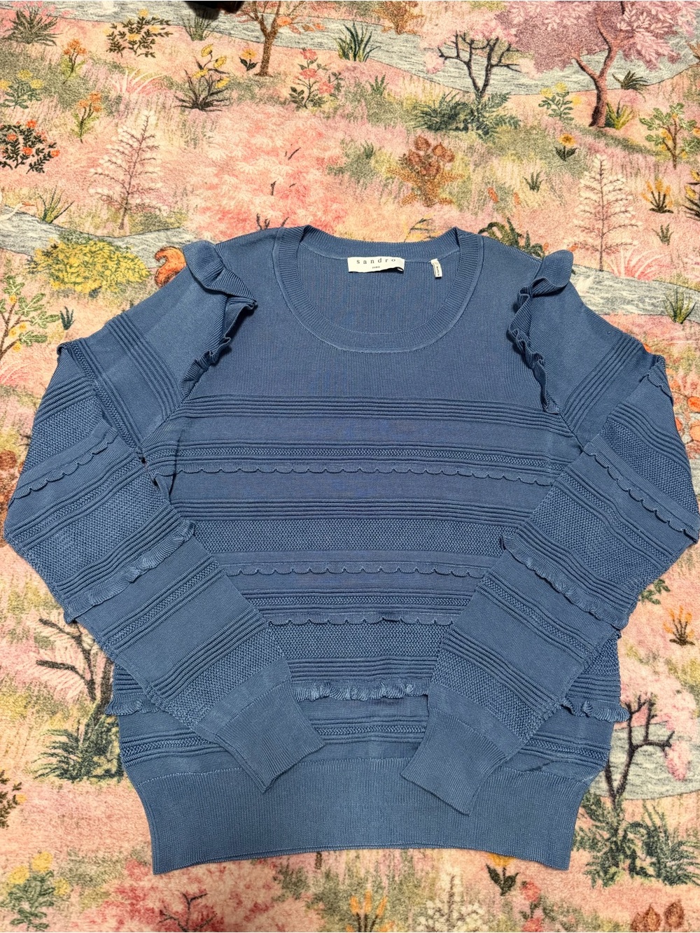 Sandro Dusty Blue Ruffle-Trim Knit Sweater Small